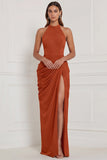 Halter Navy Ruched Sheath Lace-up Back Bridesmaid Dress with Slit