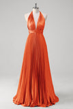 Royal Blue A-Line Halter Pleated Open Back Long Bridesmaid Dress