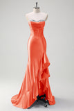 Sparkly Mermaid Strapless Corset Sequin Long Prom Dress with Ruffle Slit