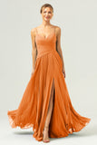 A Line Spaghetti Straps Pleated Long Eucalyptus Bridesmaid Dress with Slit