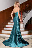 Sparkly Dark Green Mermaid Strapless Keyhole Corset Long Prom Dress with Slit