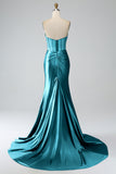 Mermaid Strapless Pleated Corset Long Royal Blue Prom Dress with Slit