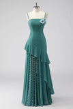 Grey Green Sheath Spaghetti Straps Wedding Guest Dress with Ruffles