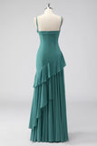 Grey Green Sheath Spaghetti Straps Wedding Guest Dress with Ruffles