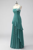 Grey Green Sheath Spaghetti Straps Wedding Guest Dress with Ruffles