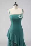 Grey Green Sheath Spaghetti Straps Wedding Guest Dress with Ruffles
