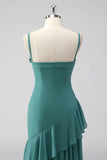 Grey Green Sheath Spaghetti Straps Wedding Guest Dress with Ruffles