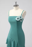 Grey Green Sheath Spaghetti Straps Wedding Guest Dress with Ruffles