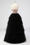 Black Tulle A Line Spaghetti Straps Tiered Sequin Long Prom Dress with Appliques