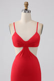 Red Mermaid Spaghetti Straps Pleated Backless Long Prom Dress