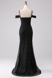 Sparkly Black Mermaid Cold Shoulder Long Prom Dress with Slit