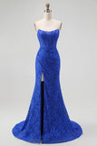 Royal Blue Mermaid Strapless Floral Jacquard Beaded Corset Prom Dress With Slit