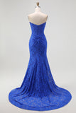 Royal Blue Mermaid Strapless Floral Jacquard Beaded Corset Prom Dress With Slit