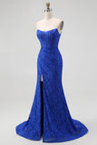 Royal Blue Mermaid Strapless Floral Jacquard Beaded Corset Prom Dress With Slit