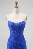 Royal Blue Mermaid Strapless Floral Jacquard Beaded Corset Prom Dress With Slit