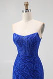 Royal Blue Mermaid Strapless Floral Jacquard Beaded Corset Prom Dress With Slit