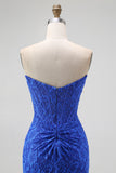Royal Blue Mermaid Strapless Floral Jacquard Beaded Corset Prom Dress With Slit
