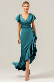 A Line V Neck Asymmetrical Olive Bridesmaid Dress with Ruffle Slit