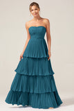 A-Line Sweetheart Tiered Floor Length Chiffon Sky Blue Bridesmaid Dress