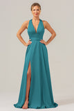 Pink A Line Deep V Neck Lace Up Back Long Satin Bridesmaid Dress with Slit