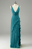 Lime Sheath V Neck Floral Open Back Bridesmaid Dress with Ruffle Slit