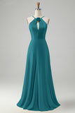 Stylish Yellow A Line Halter Pleated Long Bridesmaid Dress with Flower