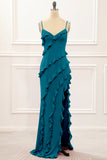Spaghetti Straps Jade Tiered Mermaid Bridesmaid Dress With Slit