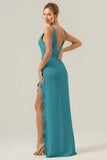 Burgundy Sheath V Neck Floral Open Back Bridesmaid Dress with Ruffle Slit
