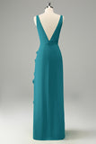 Lime Sheath V Neck Floral Open Back Bridesmaid Dress with Ruffle Slit