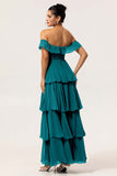 Eucalyptus A-Line Off The Shoulder Tiered Ruched Chiffon Long Bridesmaid Dress