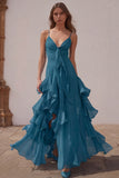 Dusty Blue Spaghetti Straps Chiffon A-Line Ruffled Bridesmaid Dress