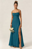 Green Flower A Line Spaghetti Straps Chiffon Long Bridesmaid Dress with Slit