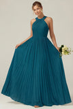 Dusty Sage A Line Halter Pleated Long Bridesmaid Dress