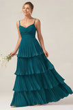 Dark Green A Line Ruched Pleated Spaghetti Straps Tiered Bridesmaid Dress
