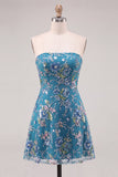 Strapless Pink Floral A Line Sequin Short Homecoming Dress