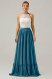 A-Line Halter Pleated Keyhole Chiffon Bridesmaid Dress With Lace