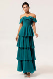 Eucalyptus A-Line Off The Shoulder Tiered Ruched Chiffon Long Bridesmaid Dress