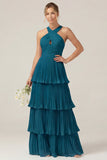 Lilac Halter Keyhole A Line Tiered Ruffle Pleated Bridesmaid Dress