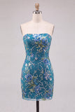 Pink Floral Sequin Strapless Bodycon Short Homecoming Dress
