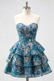 Pink Floral Sweetheart Sequin Tiered Ruffle A Line Homecoming Dress