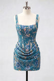 Black Corset Bodycon Sequin Floral Short Homecoming Dress