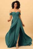 A Line Off the Shoulder Ruched Chiffon Floor-Length Bridesmaid Dress with Slit