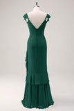 Dusty Sage Sheath V Neck Open Back Chiffon Long Bridesmaid Dress with Ruffles