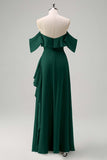 Light Green Sheath Off The Shoulder Chiffon Long Bridesmaid Dress with Ruffle Slit
