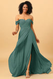 A Line Off the Shoulder Ruched Chiffon Floor-Length Bridesmaid Dress with Slit