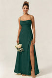 Green Flower A Line Spaghetti Straps Chiffon Long Bridesmaid Dress with Slit