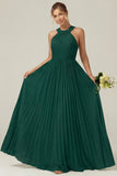 Dusty Sage A Line Halter Pleated Long Bridesmaid Dress
