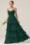 Dark Green A Line Ruched Pleated Spaghetti Straps Tiered Bridesmaid Dress