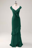 Dusty Sage Sheath V Neck Open Back Chiffon Long Bridesmaid Dress with Ruffles