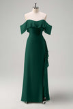 Light Green Sheath Off The Shoulder Chiffon Long Bridesmaid Dress with Ruffle Slit